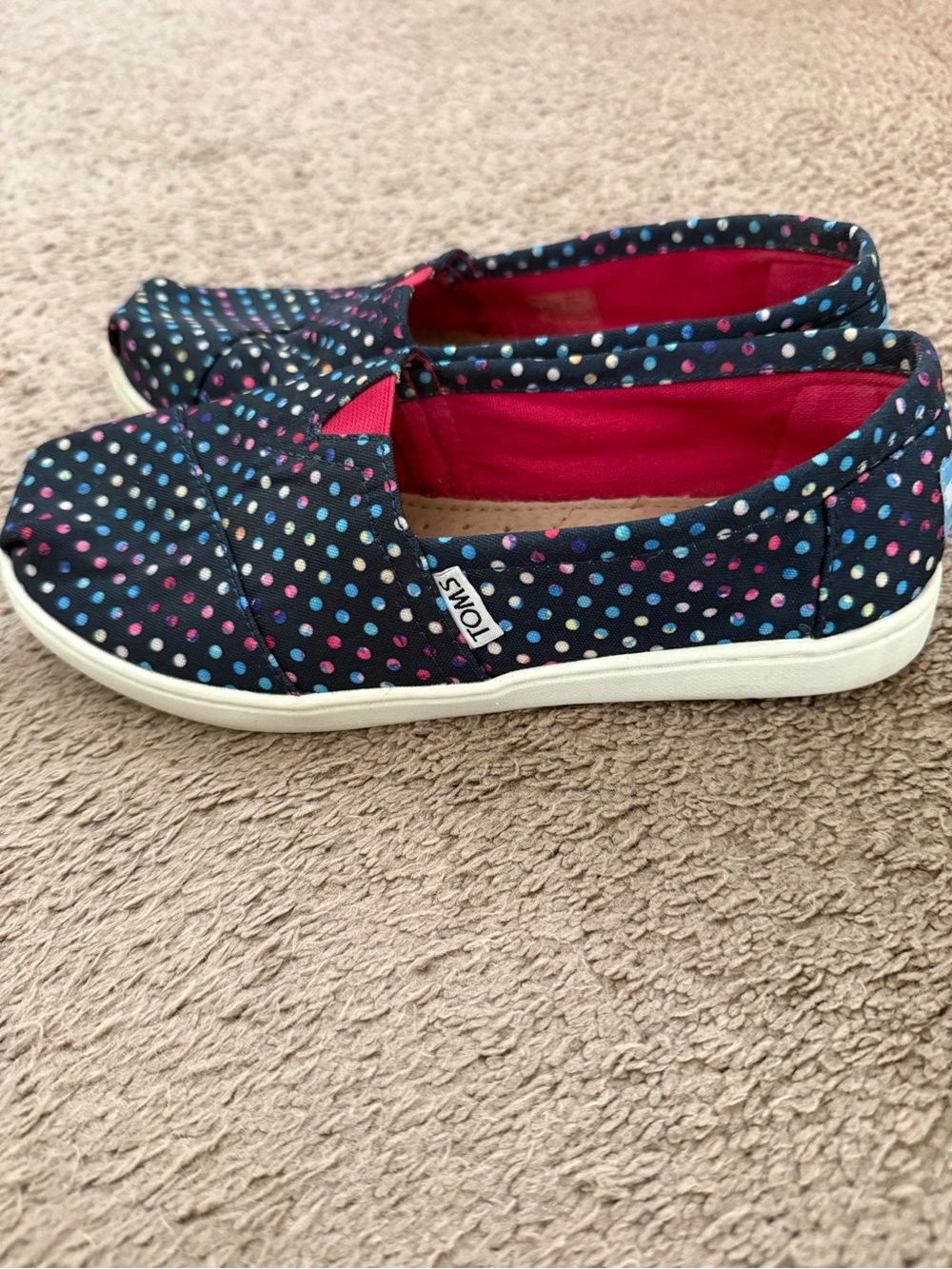 Toms Kids Navy Polka Dot Slip-Ons with Pink Lining
